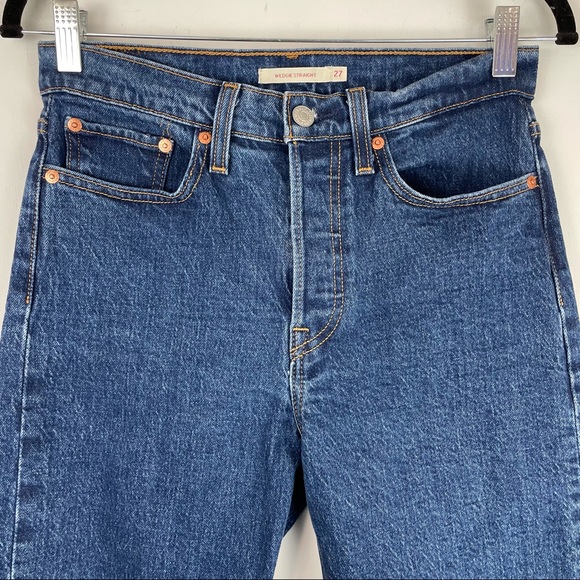 Levi’s Premium Wedgie Straight Jeans Blue Raw Hem Button Fly Sz 27 Dark Wash - Picture 4 of 13